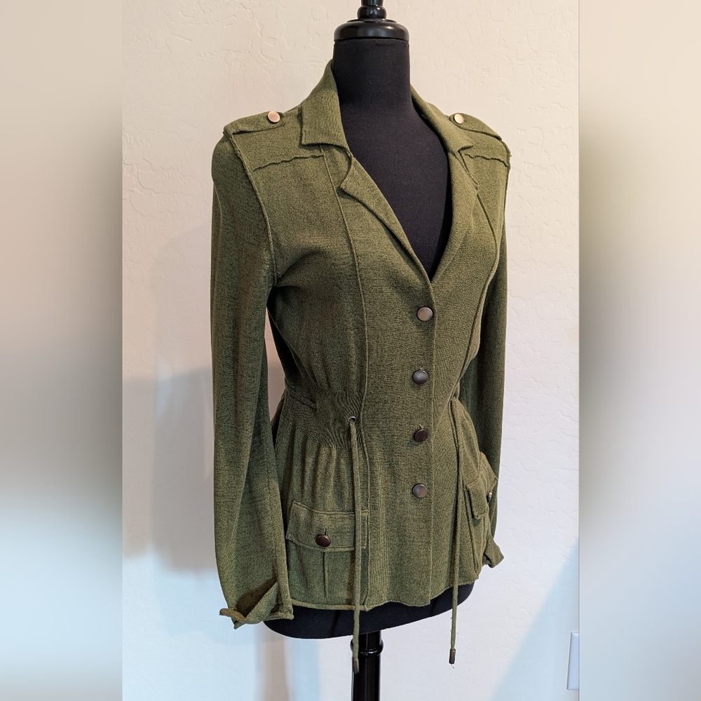 Nic + Zoe Olive Green Women's Fitted Knit Button Down Blazer Jacket Size M